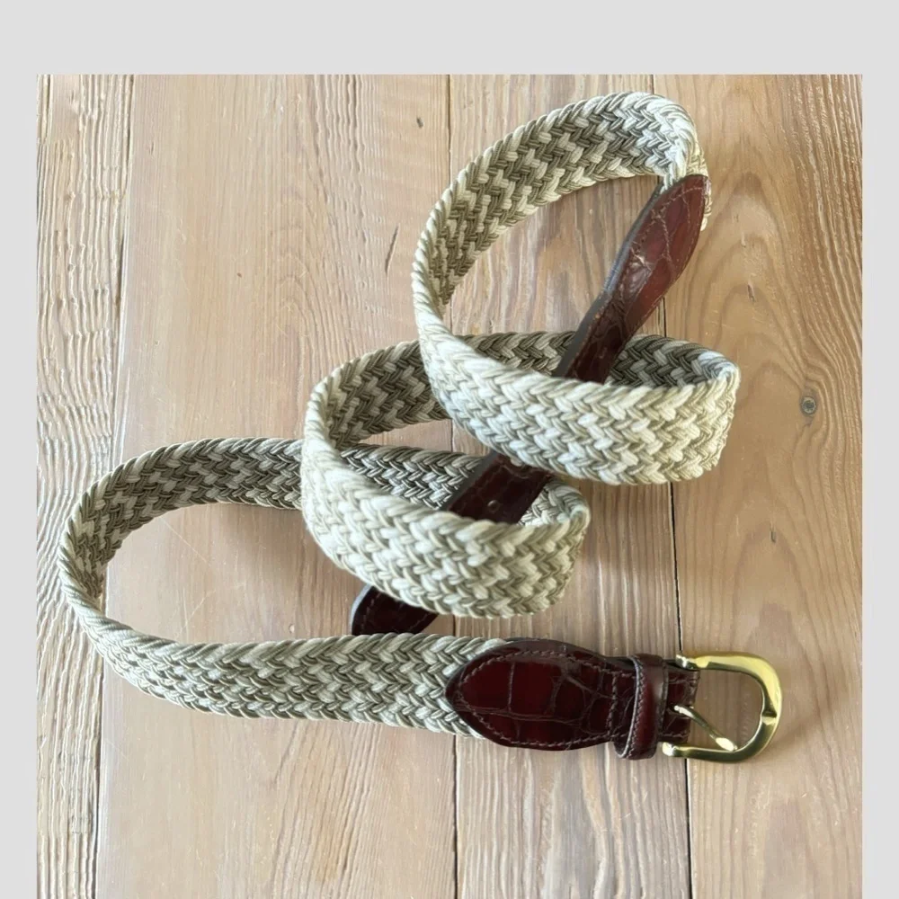Crookhorn Belt Brown Croc Woven Braided Taupe Cream Brass Buckle Size 44